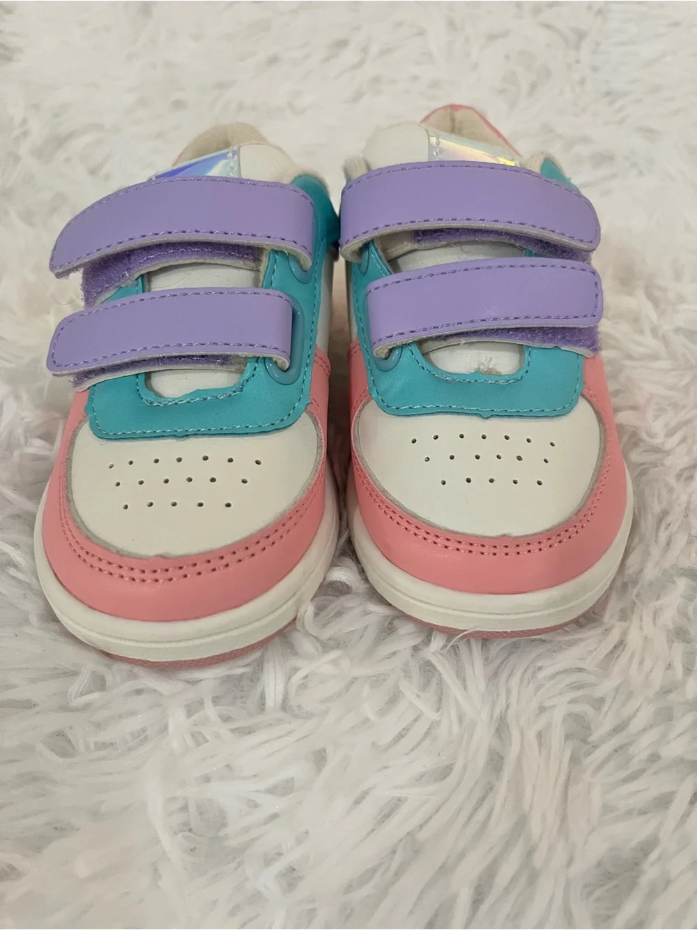 Children's Place white sneakers, pink and purple details, holographic star